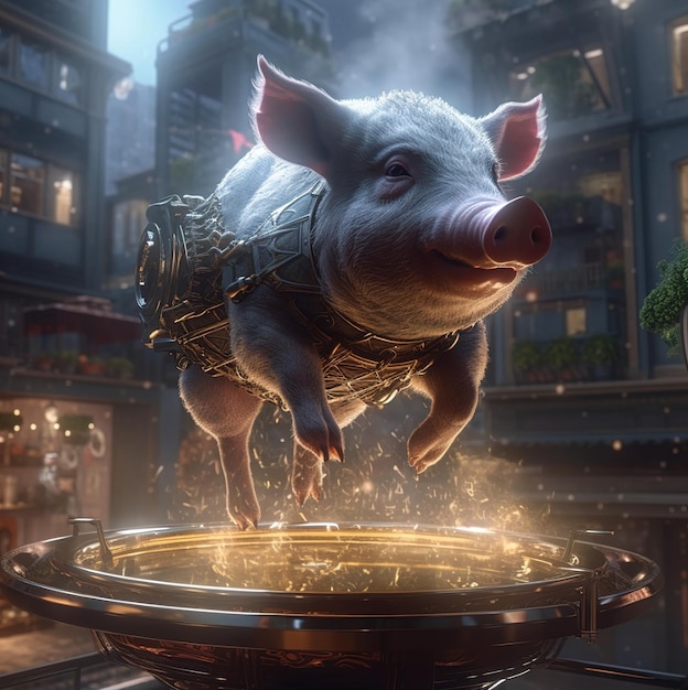 A pig in a gold ring is jumping over a pool of gold.