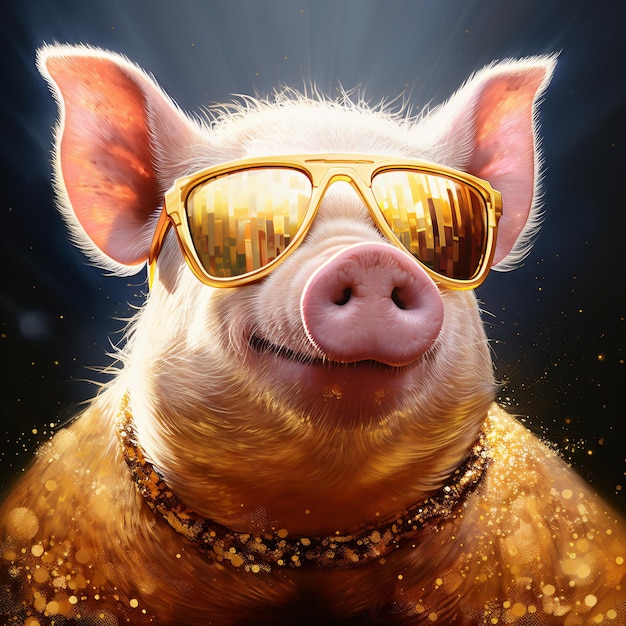 Foto il maiale in abiti dorati con gli occhiali da sole