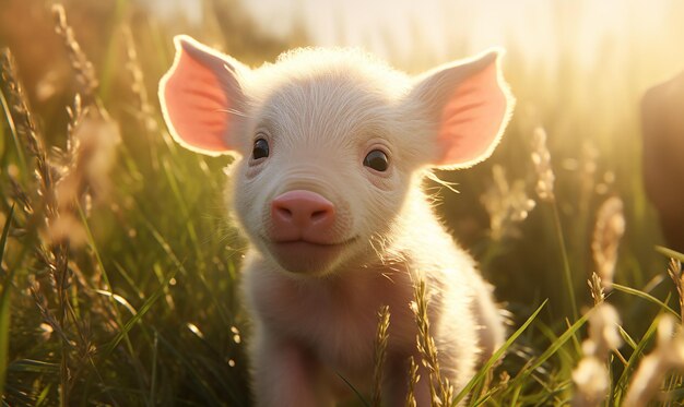 a pig in the grass with the sun behind it