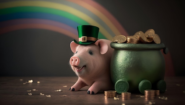 A pig in a green hat sits next to a pot of gold coins.