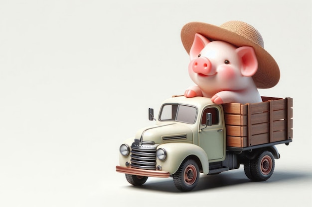 Photo a pig in a hat sitting in the back of a truck space for text