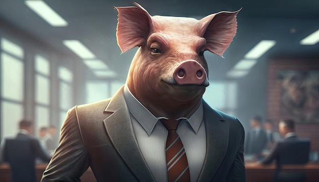 A pig head confident boss businessman in a suit and tie in office