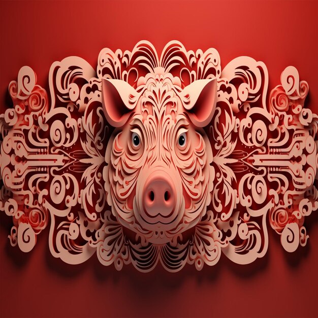 a pig head on a red wall with a design on it