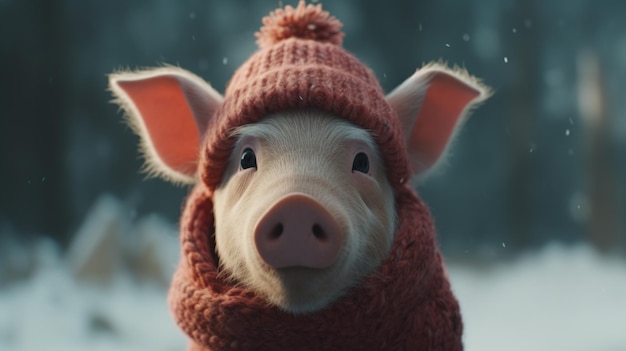 사진 돼지라는 단어가 적힌 빨간 모자와 스카프를 쓴 돼지