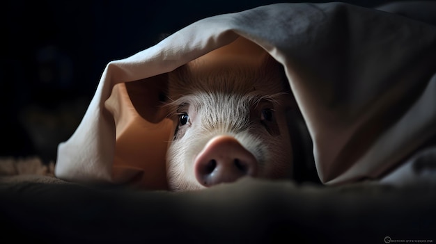 A pig is hiding in a blanket