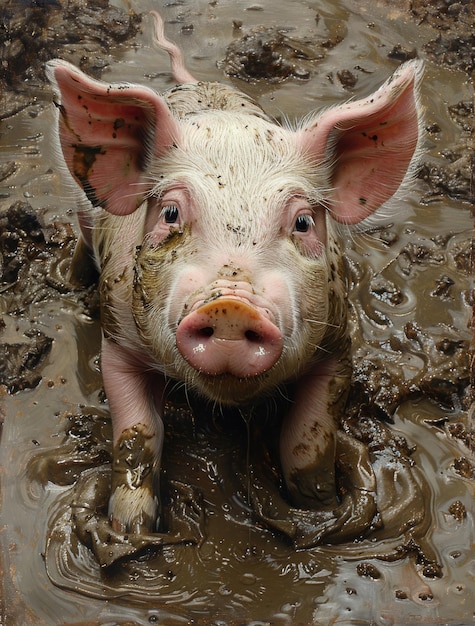 a pig is in a muddy area with clean white mud