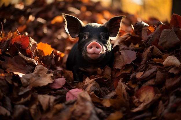 a pig is sitting in a pile of leaves