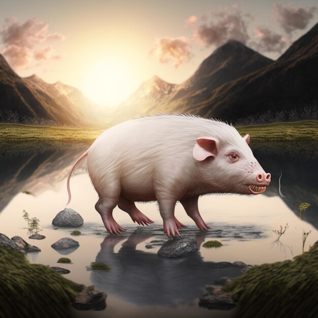 A pig is standing in a pond with mountains in the background.