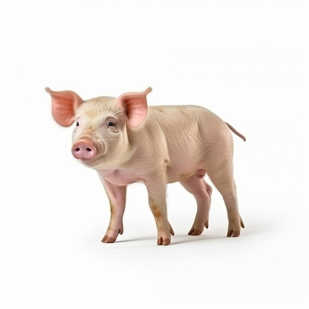 A pig is standing on a white background and has a pink nose.