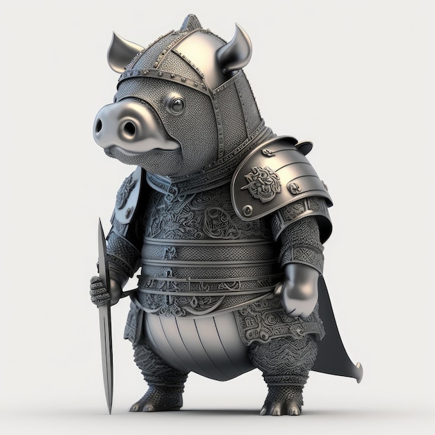 A pig in a knight armor holds a sword.