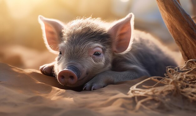 a pig laying on a bed with a tag that says pig