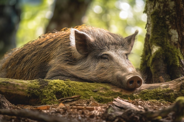 a pig laying down in the dirt