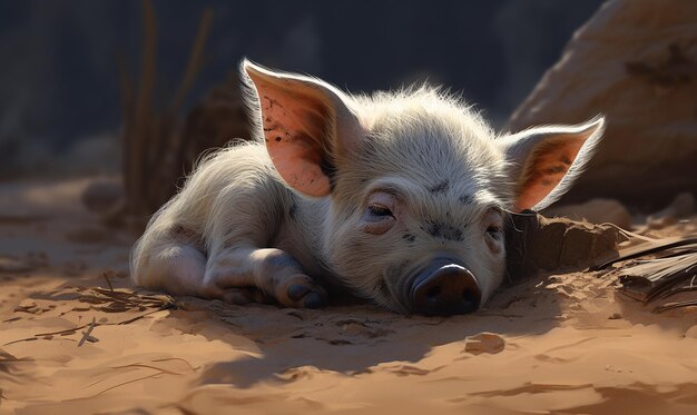 a pig laying down in the sand with a face on it