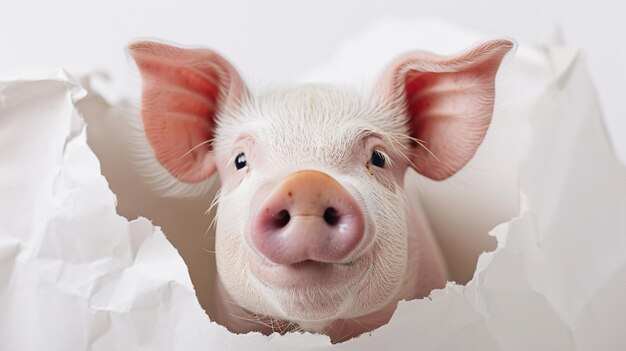 pig looking up in paper side torn hole isolated Generative Ai