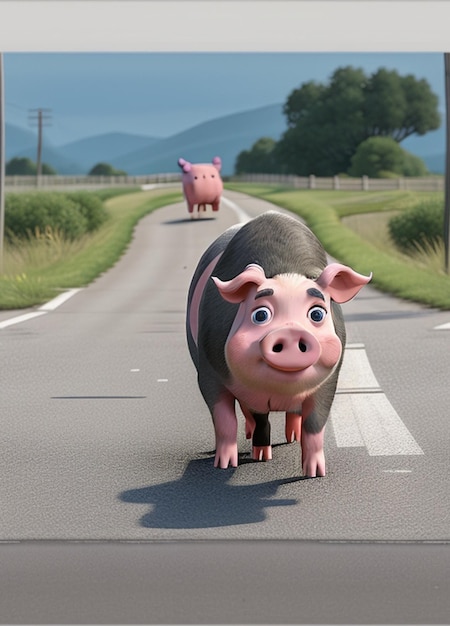 a pig in the middle of a road with two pigs on the back.