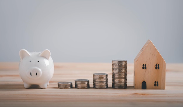 Pig piggy bank and Model house and coin stack on white background saving concept