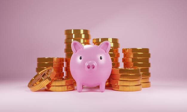 ピンクの背景に金貨が付いた豚の貯金箱3Dは広告販売のための貯金箱をレンダリングします投資収入不動産銀行