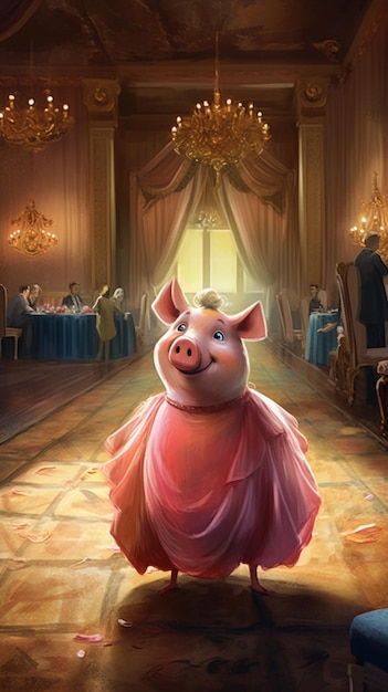 Photo a pig in a pink dress stands in a restaurant.