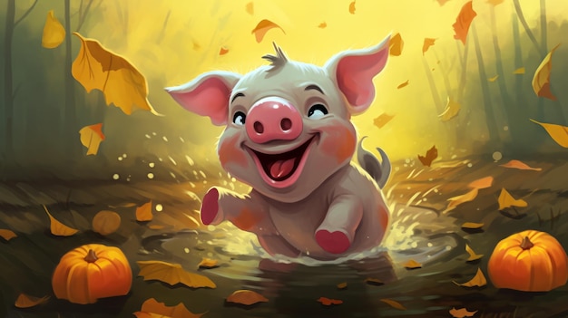 A pig in a puddle with leaves on it