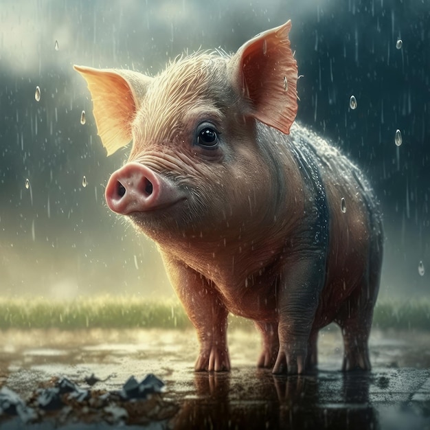 A pig in the rain with the word pig on it