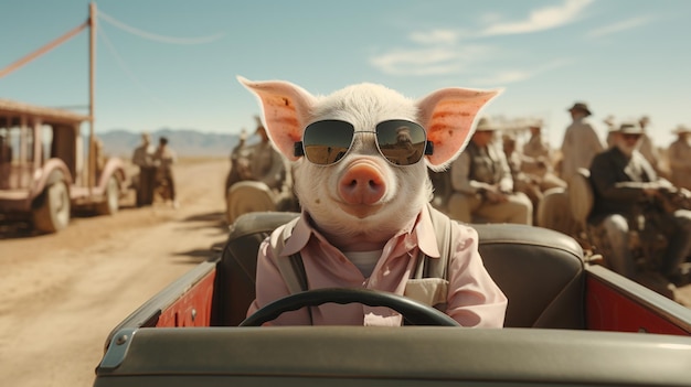 Photo pig rides car