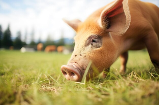 Pig rooting for food in sunny pasture