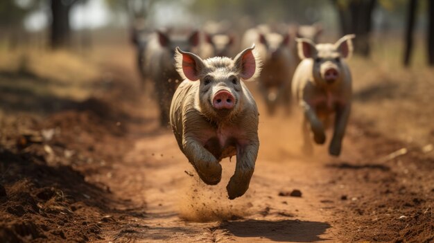 Foto un maiale che corre in un campo