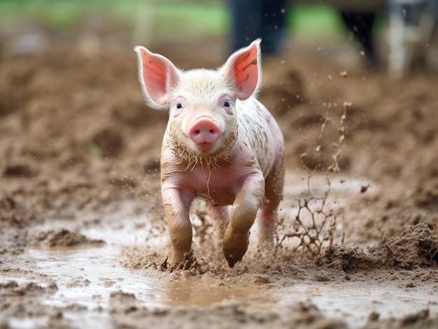 A pig running through a muddy puddle