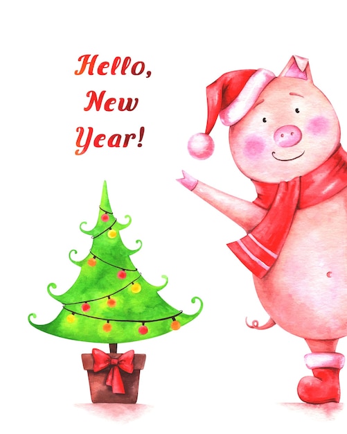 Pig in a santa hat and scarf with a christmas tree and the words hello, new year.