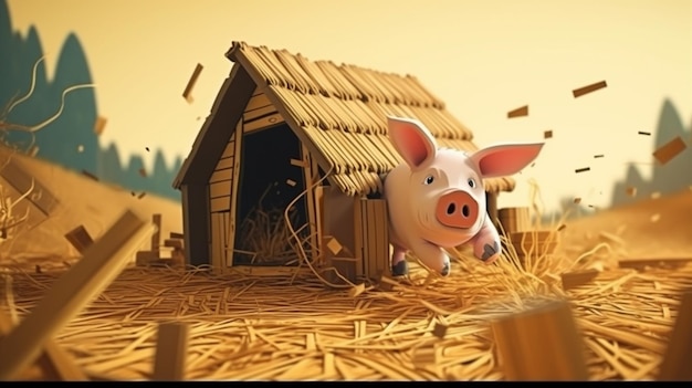 A pig in a shed with a straw roof.