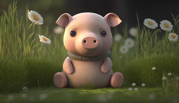 A pig sits in a field of daisies.