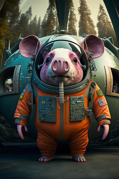 Pig in a space suit standing in front of a plane generative ai