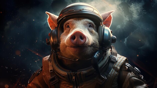 Photo a pig in a space suit with the words piggy on the back