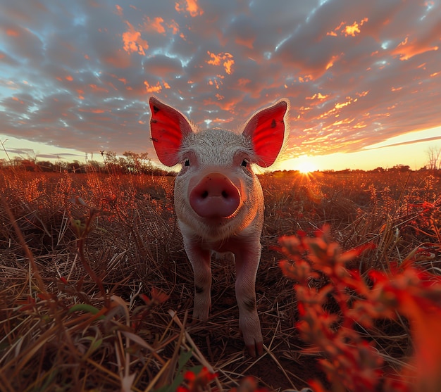 Foto il maiale in piedi nel campo al tramonto