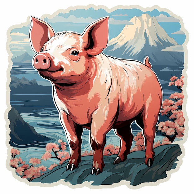 a pig standing on a rock in the water.