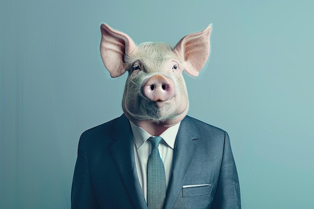 A pig stands confidently in a tailored suit and tie exuding charm and sophistication