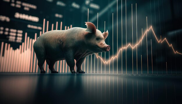 A pig stands in front of a stock chart.