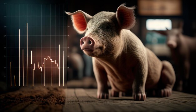 A pig stands in front of a stock chart.