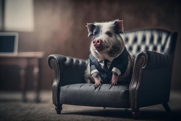 A pig in a suit sits on a couch