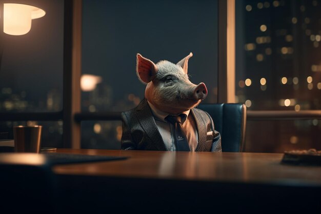 A pig in a suit sits at a desk in front of a window.