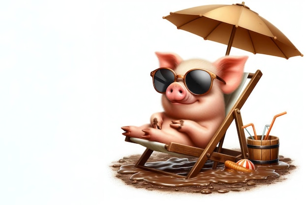 Свинья в солнцезащитных очках в грязи на солнцелазе с зонтиком на празднике на белом фоне