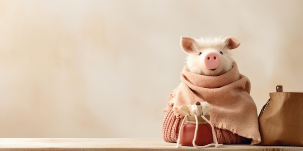 A pig in a sweater sitting on a table copyspace place for text