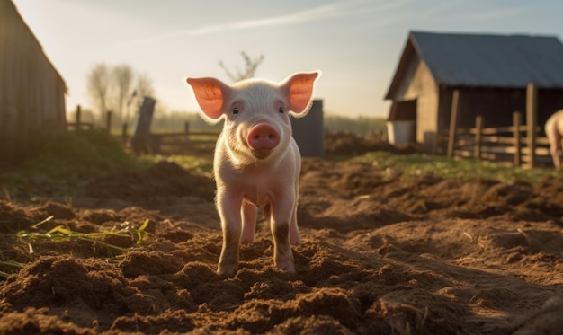 Pig in the village at sunset Piggy on the field