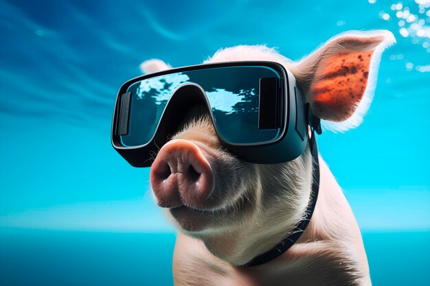 Свинья в очках виртуальной реальности на синем фоне, сгенерированная ИИ