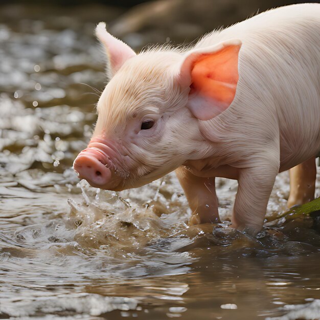 Photo a pig in the water is drinking from a green leaf