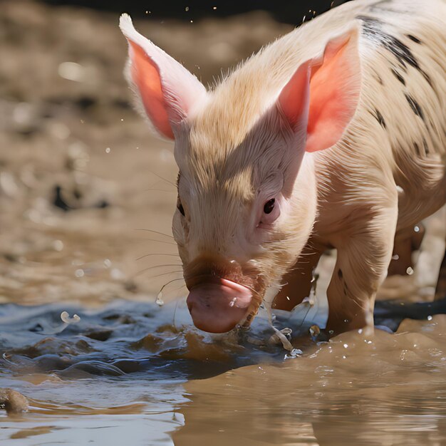 Photo a pig in the water is drinking from a stream