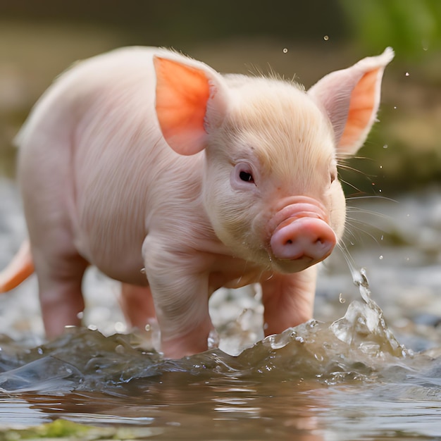 a pig in the water is standing in the water