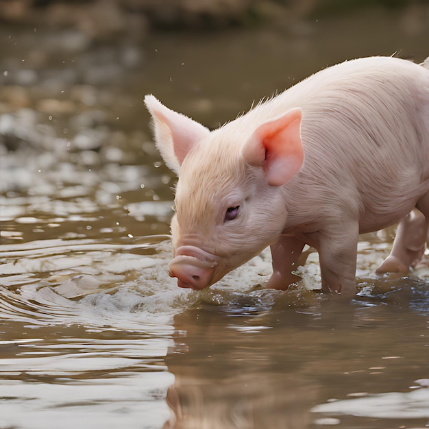 Photo a pig in the water is swimming in a pond