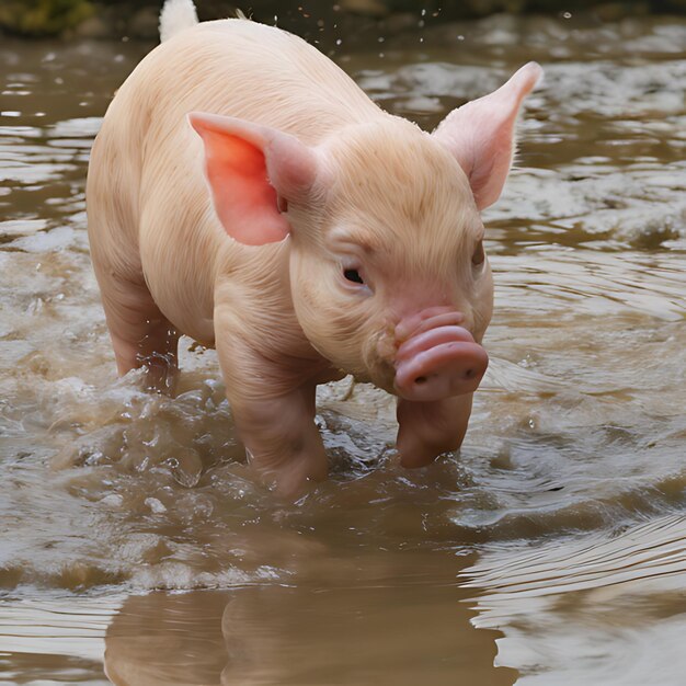 a pig in the water is swimming in a pond