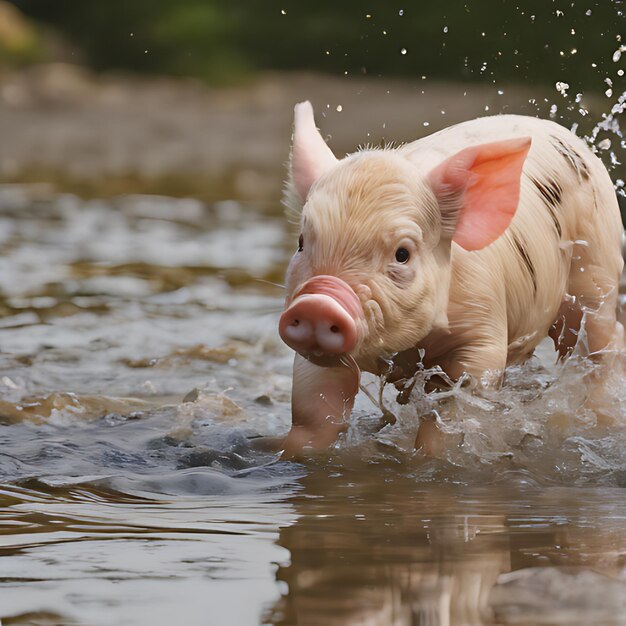 a pig in the water is swimming in a pond